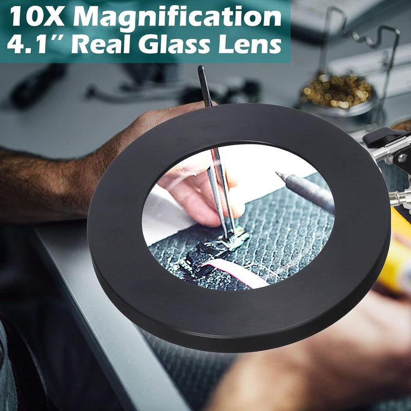 KUVRS 10X Magnifying Glass with Light and Stand, Magnetic Helping Hands Soldering Station, PCB Holder Magnifying Lamp, 3 Color Adjustable Arm Hands Free Magnifier with Light for Soldering Craft Hobby - Image 2